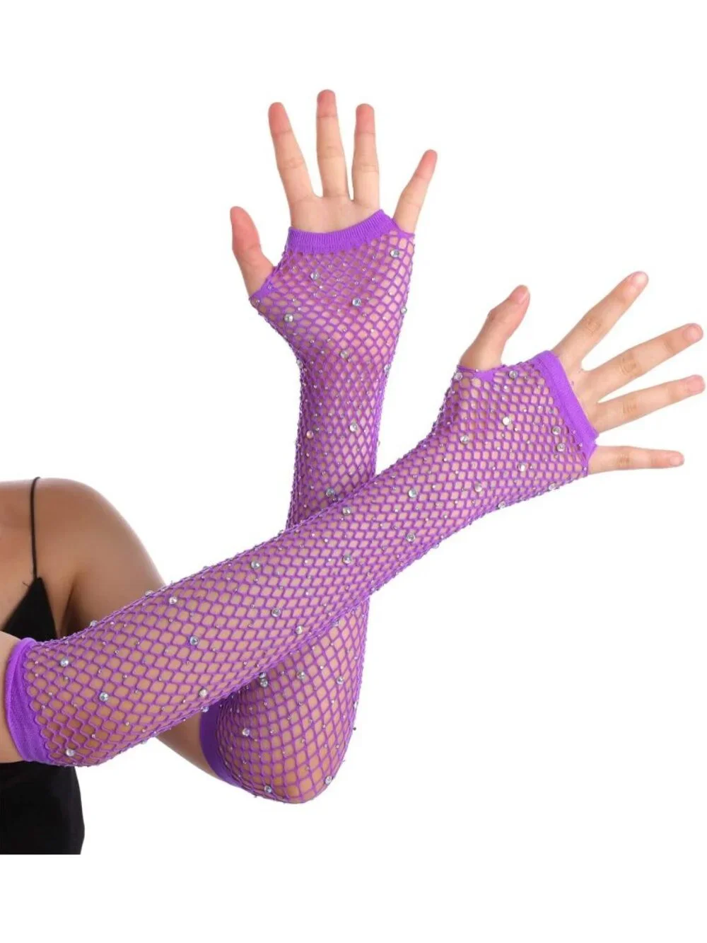 Women's Purple Rhinestone Fishnet Fingerless Gloves 80s Emo Scene Arm Cuffs